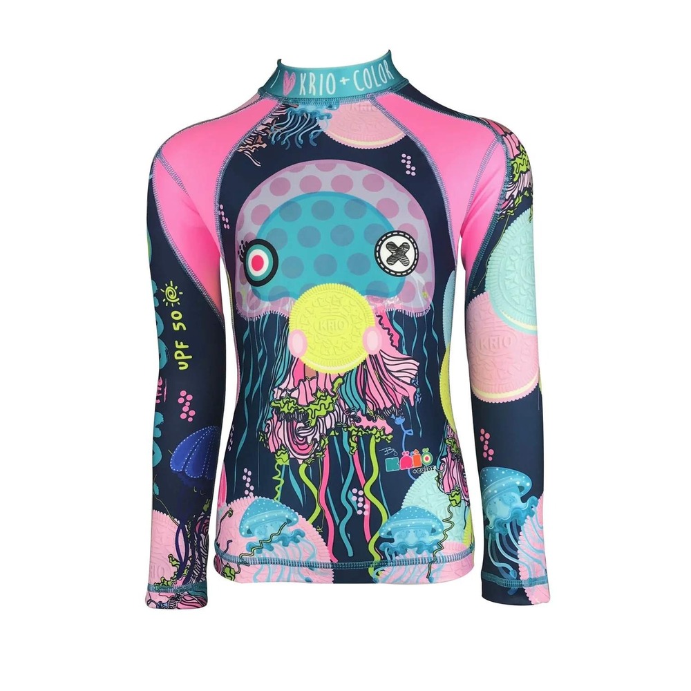 Krio + Color Jellyfish Cookies Girls Long Sleeve Rash Guard Shirt Zipper 12-14